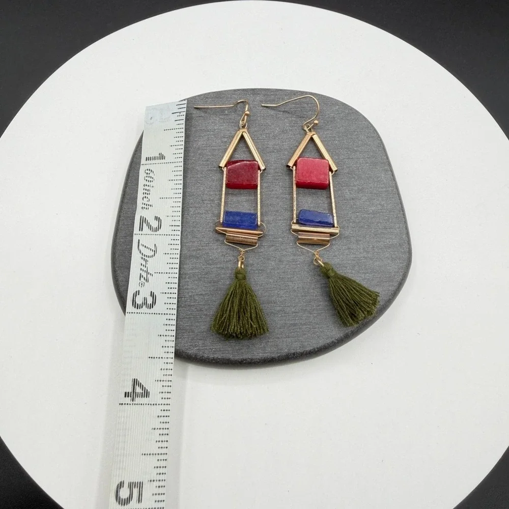 Gold Tone Red Blue Stone Olive Green Tassel Boho Geometric Dangle Earrings